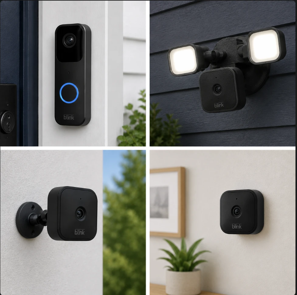 Blink camera doorbell, floodlight camera, and indoor/outdoor cameras installed around a home