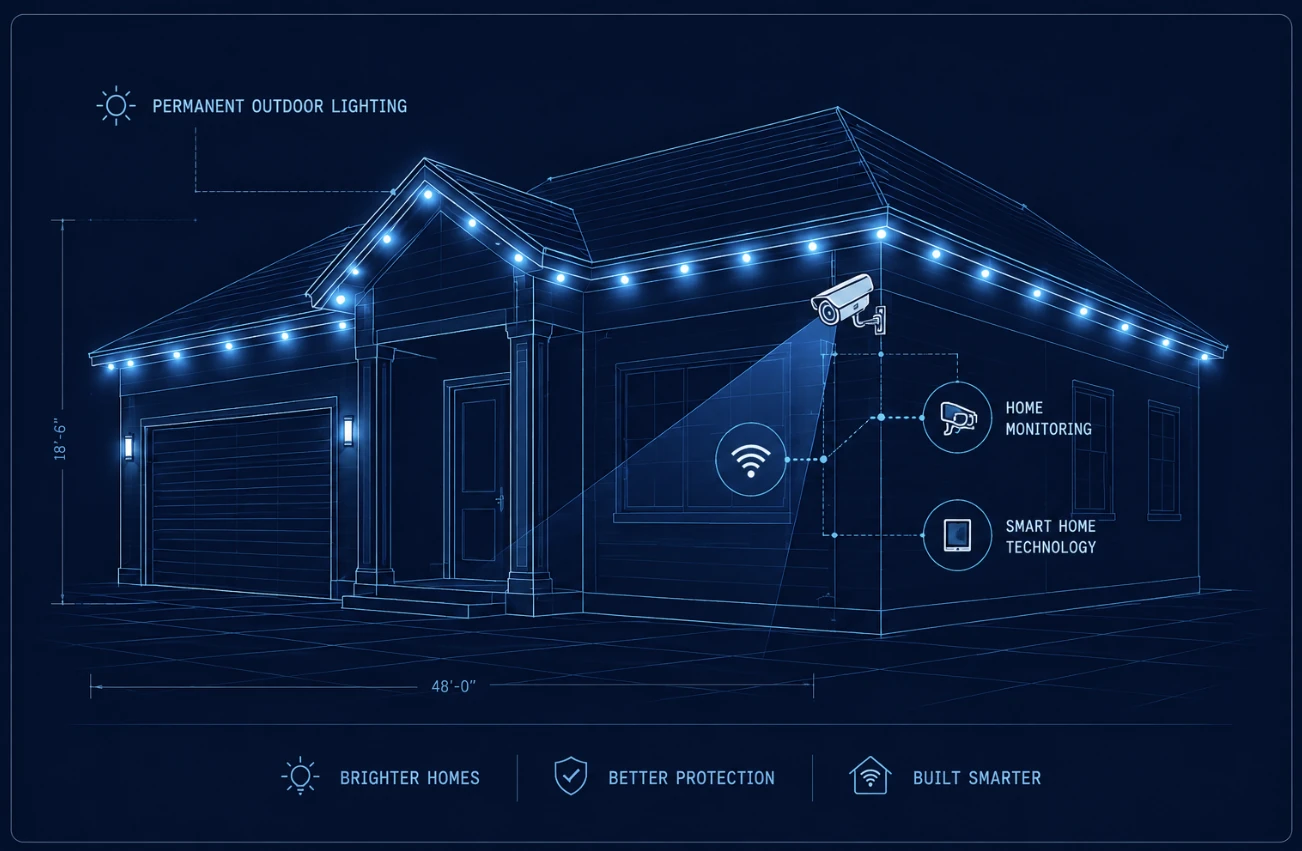 Illustration of a Southwest Florida home with permanent outdoor lighting, home monitoring, and smart home technology