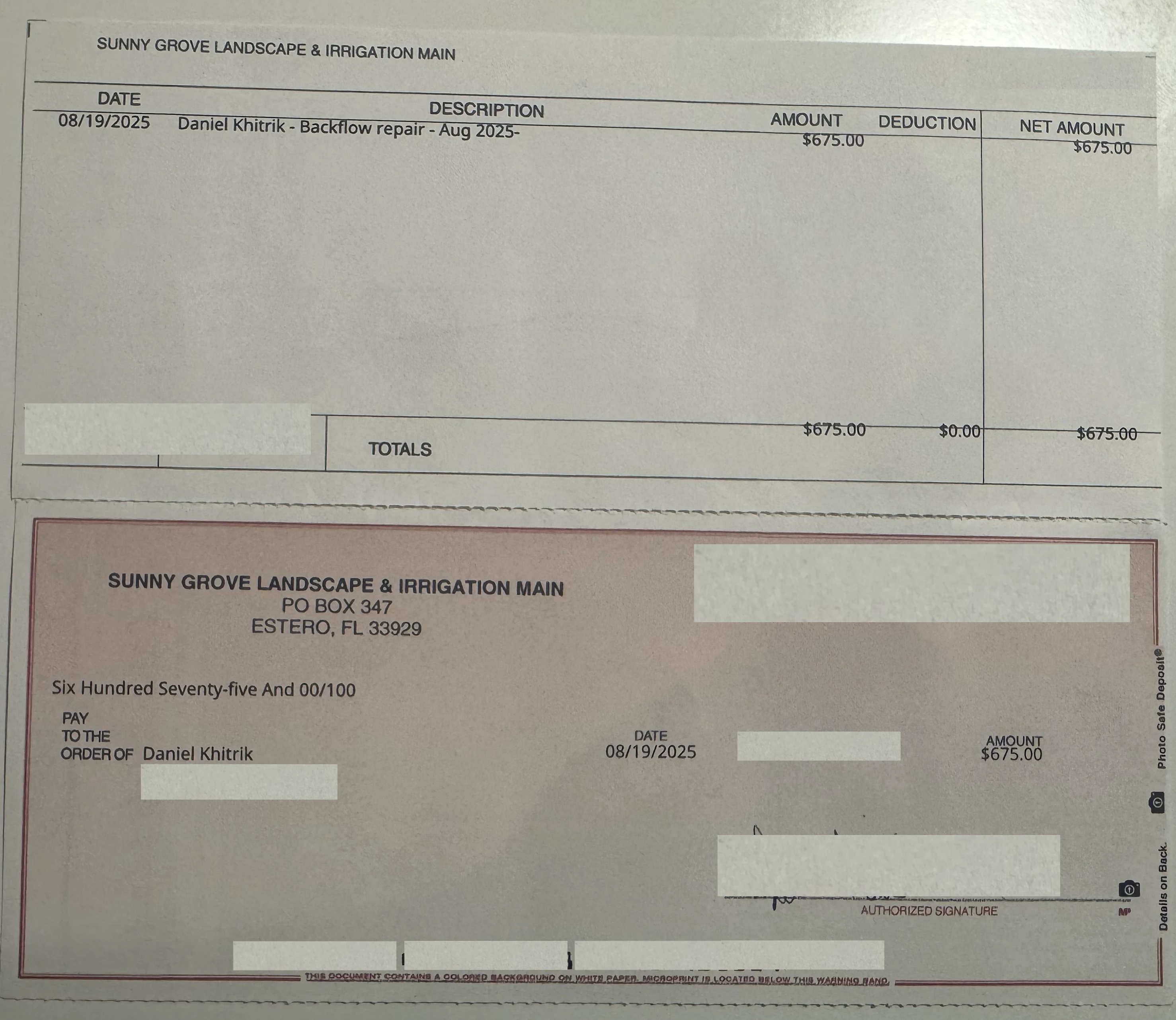 Reimbursement check for the repair
